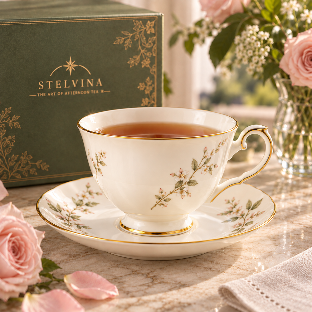 Evelyn Gold Rim Teacup & Saucer