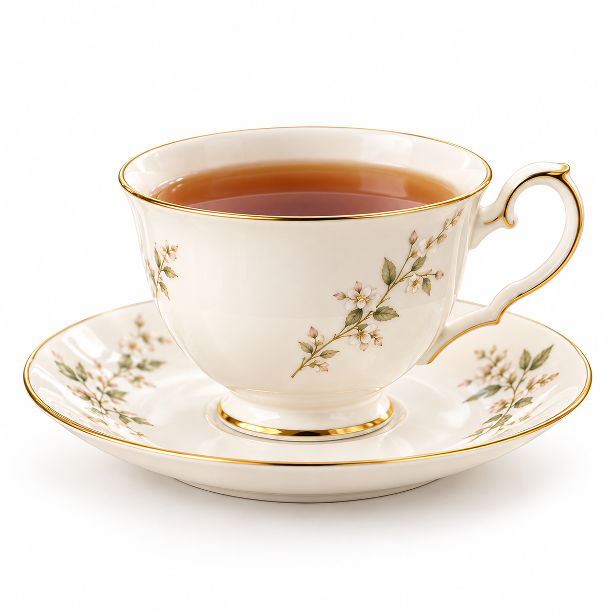Evelyn Gold Rim teacup and saucer on a clean white background