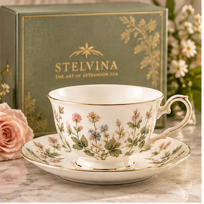 Beatrice Garden teacup and saucer styled in an English garden setting