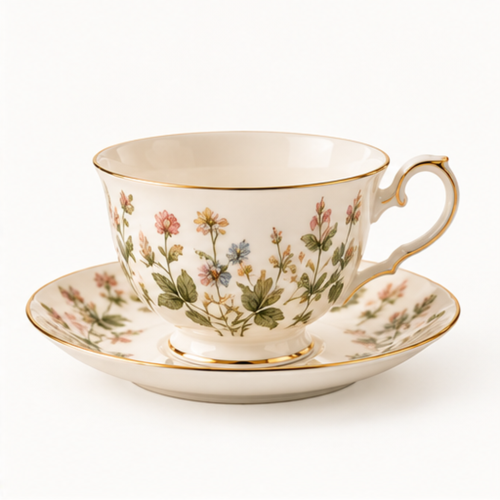 Beatrice Garden teacup and saucer on a clean white background
