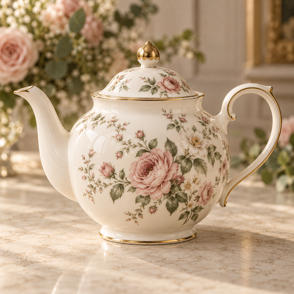 Beatrice floral teapot styled on an elegant afternoon tea table