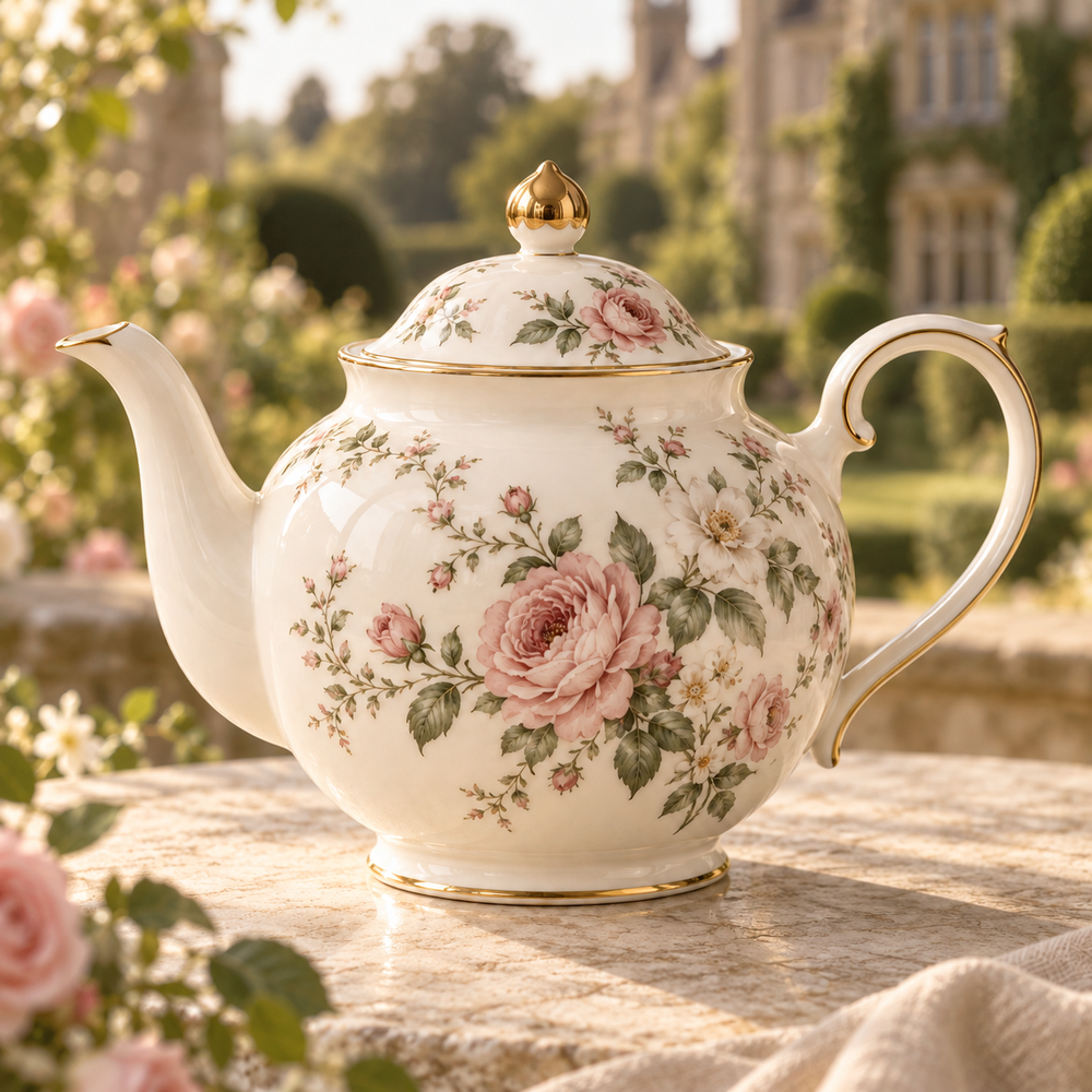 Beatrice fine bone china floral teapot in an English garden tea setting