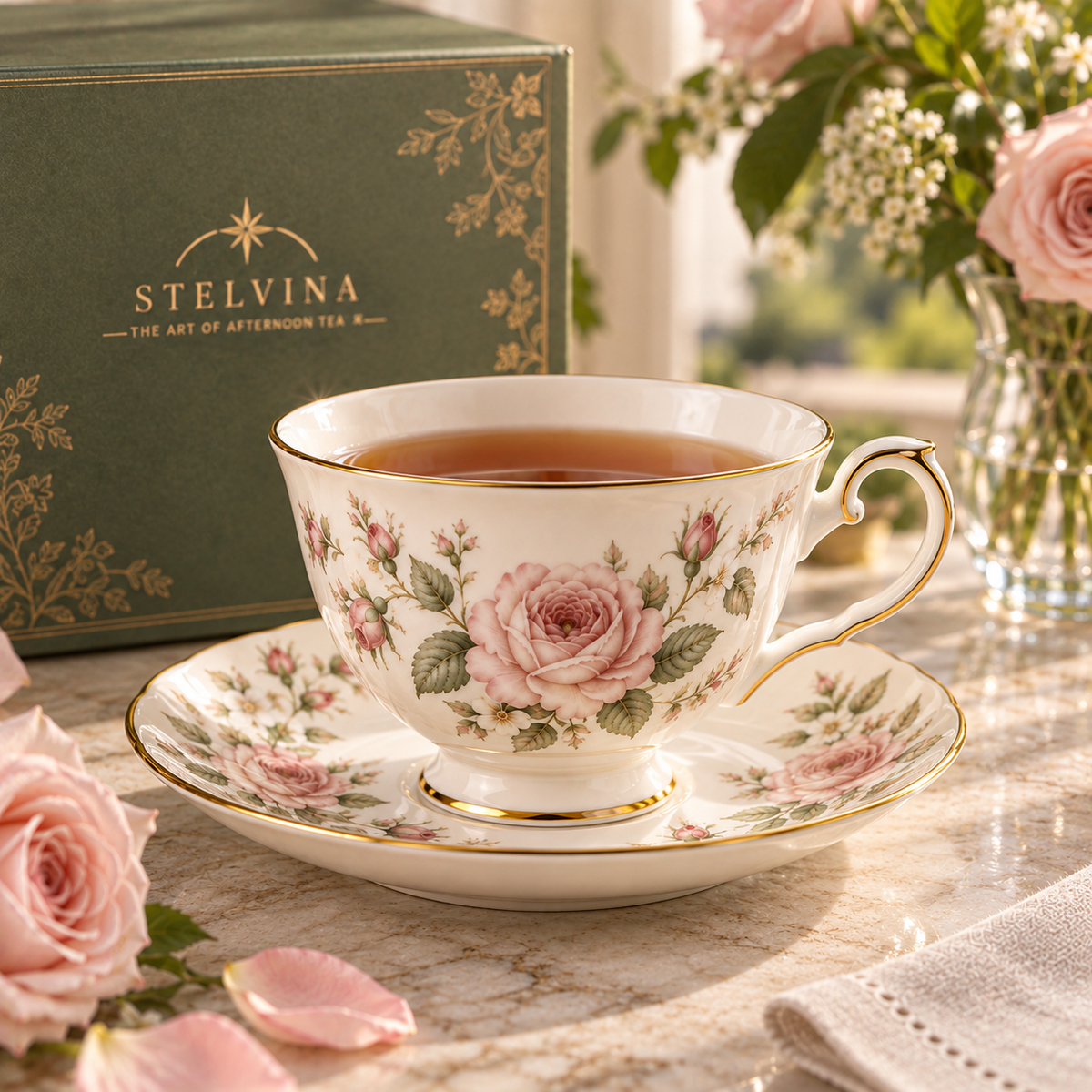 Charlotte Rose teacup and saucer styled for afternoon tea