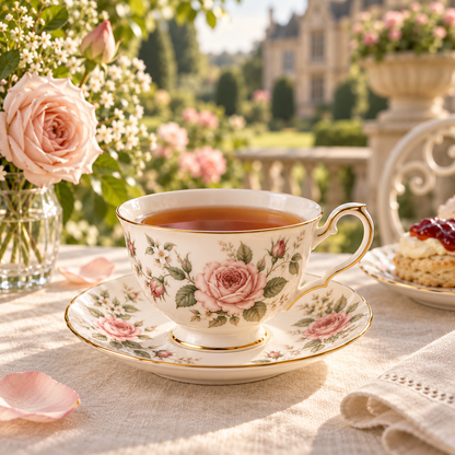 Charlotte Rose fine bone china teacup and saucer in an elegant tea setting