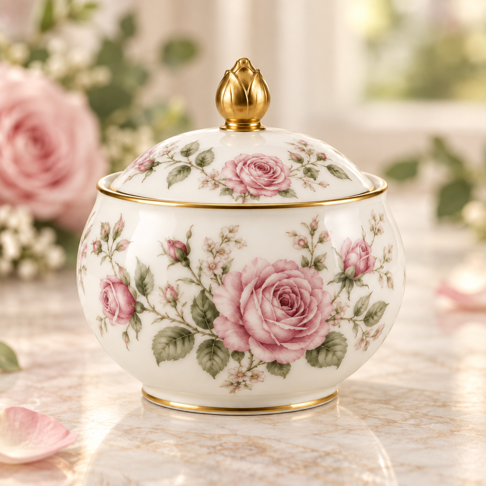 Charlotte fine bone china sugar bowl styled with soft pink roses