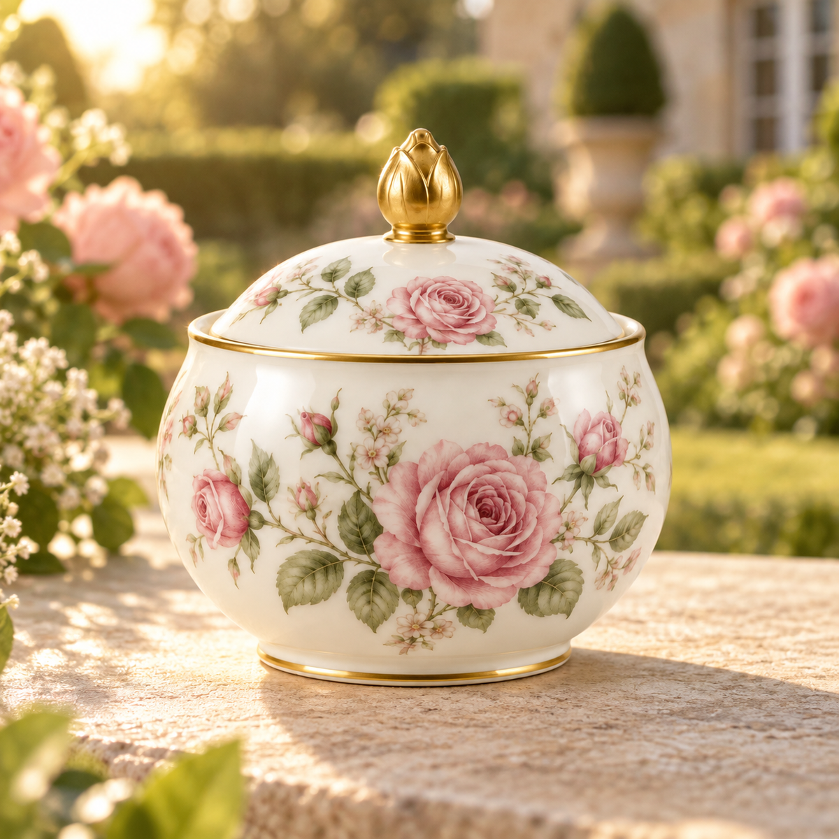 Charlotte floral sugar bowl with a gold bud finial in a garden tea setting