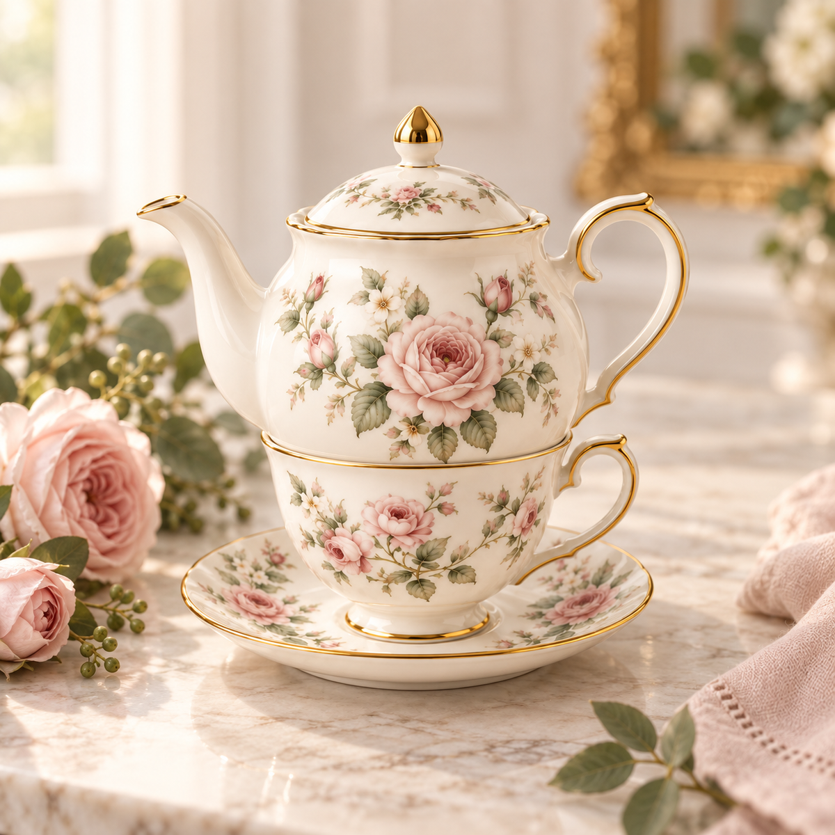 Charlotte stacked teapot, teacup, and saucer styled beside fresh roses