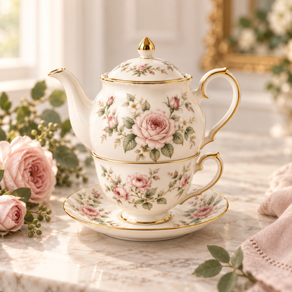 Charlotte stacked teapot, teacup, and saucer styled beside fresh roses