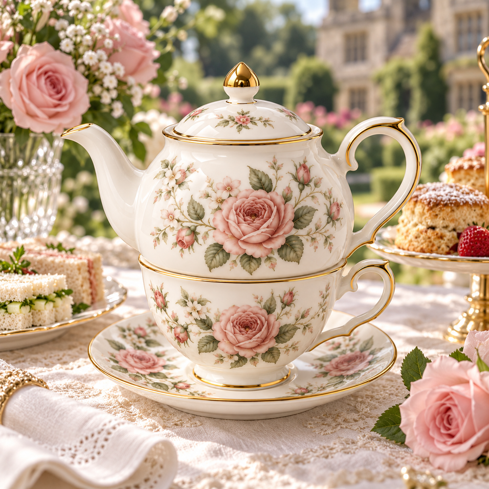 Charlotte floral tea-for-one set in a romantic English garden setting