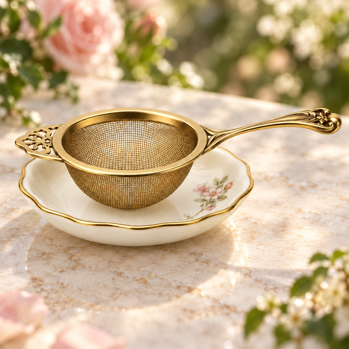 Eleanor fine mesh tea strainer with matching floral rest on a tea table