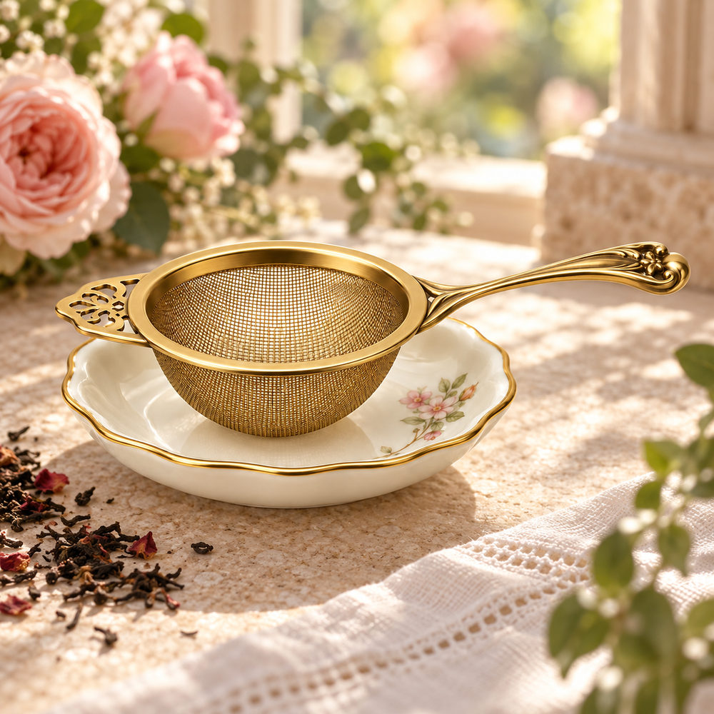 Eleanor gold-tone tea strainer and floral porcelain rest in a garden setting