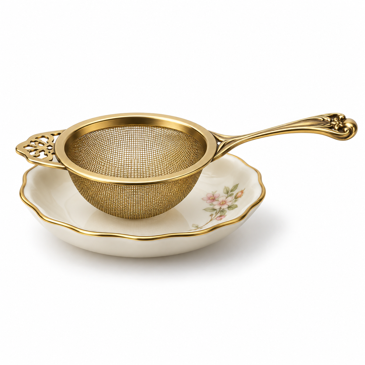 Eleanor tea strainer and floral rest on a clean white background