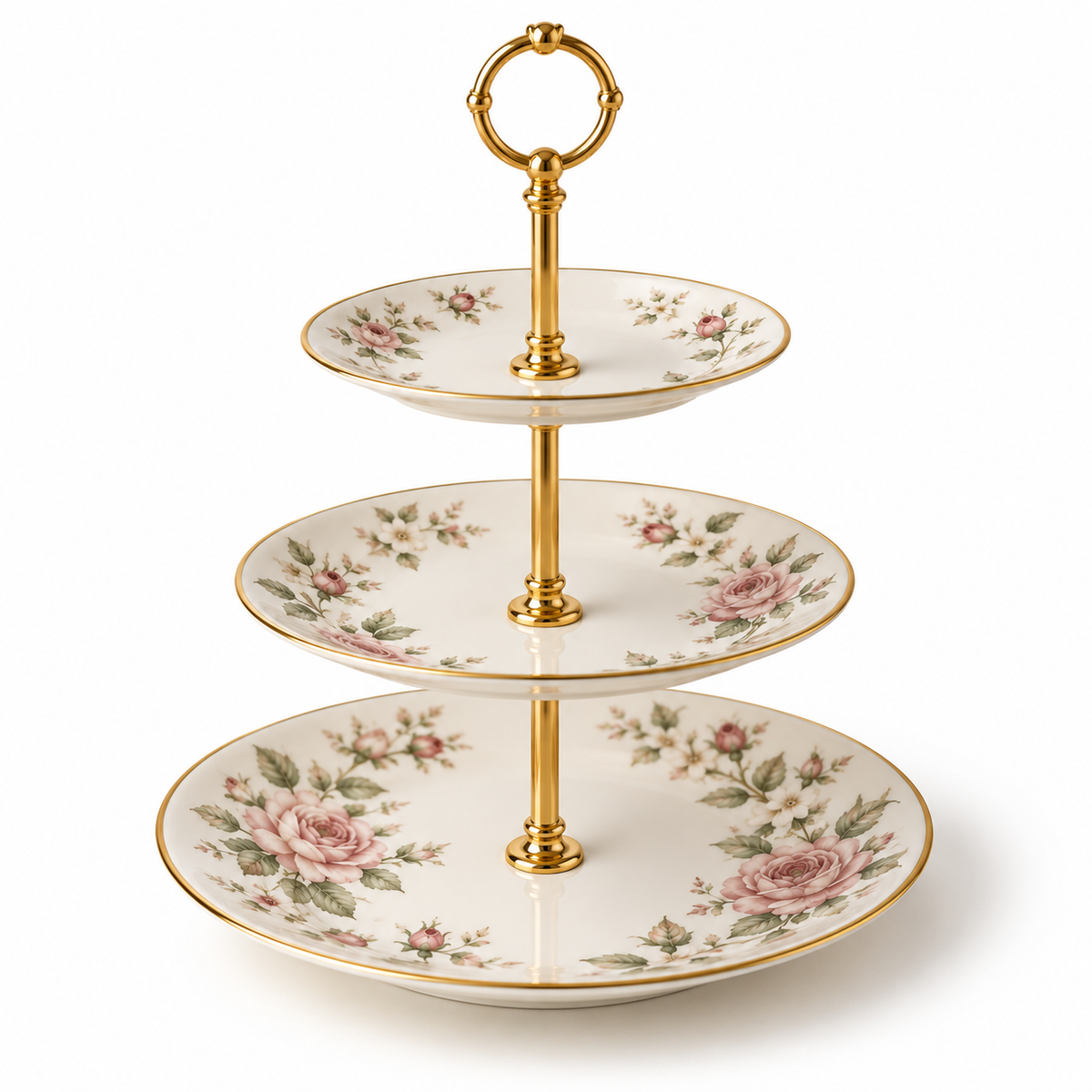 Eleanor three-tier floral cake stand on a clean white background