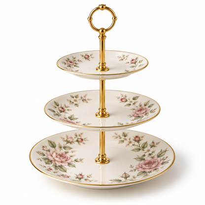 Eleanor three-tier floral cake stand on a clean white background