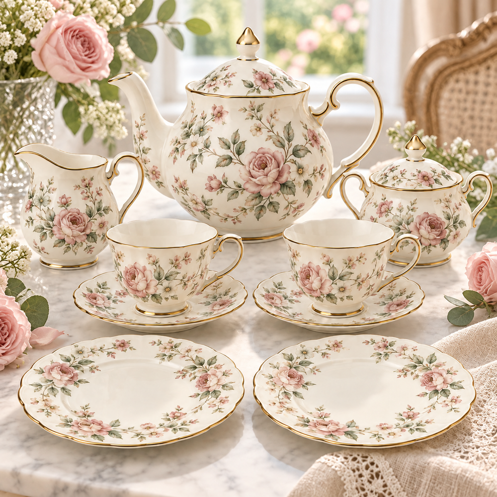English Garden fine bone china tea service for two in a bright garden setting
