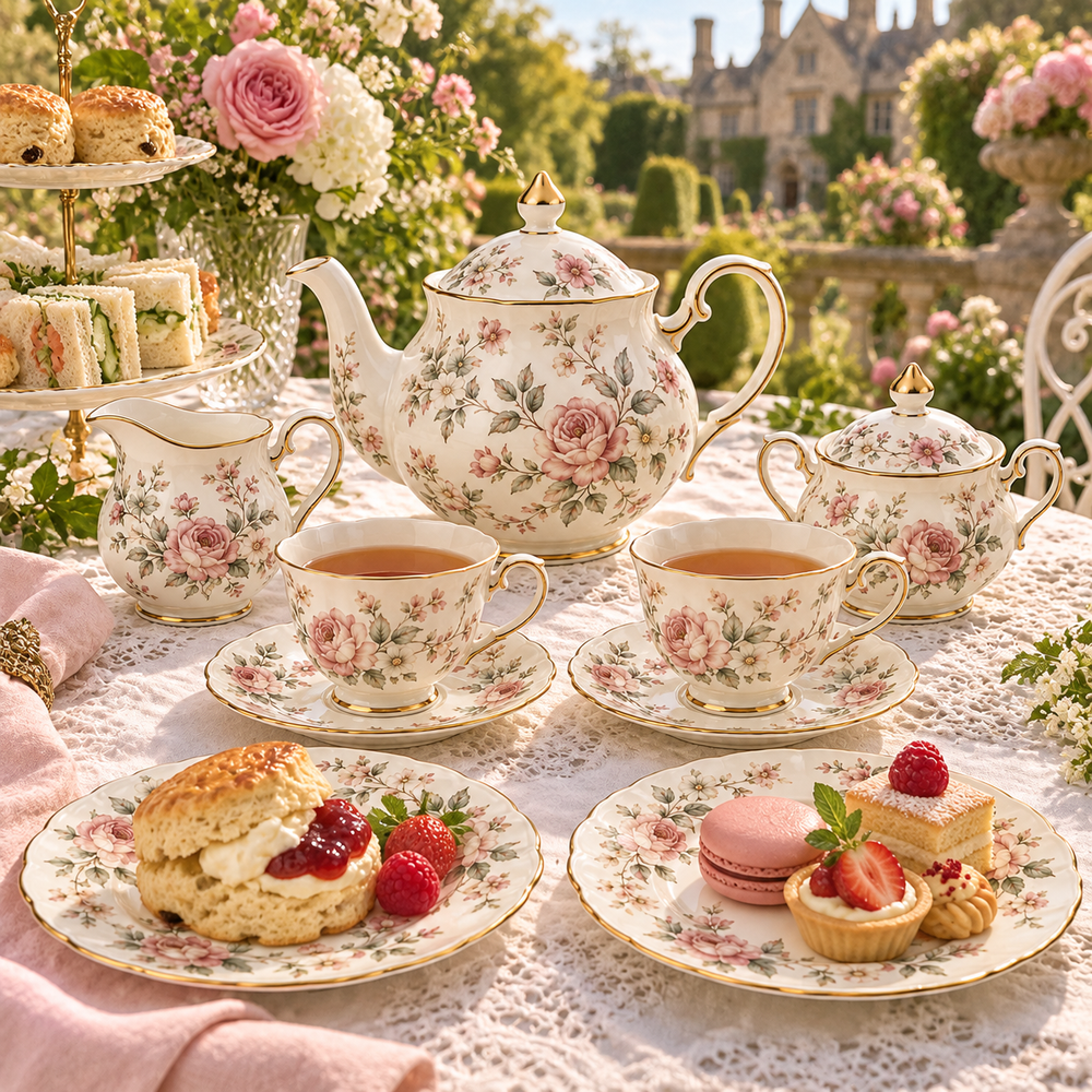 English Garden complete afternoon tea set arranged with cakes and flowers