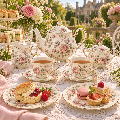 English Garden complete afternoon tea set arranged with cakes and flowers