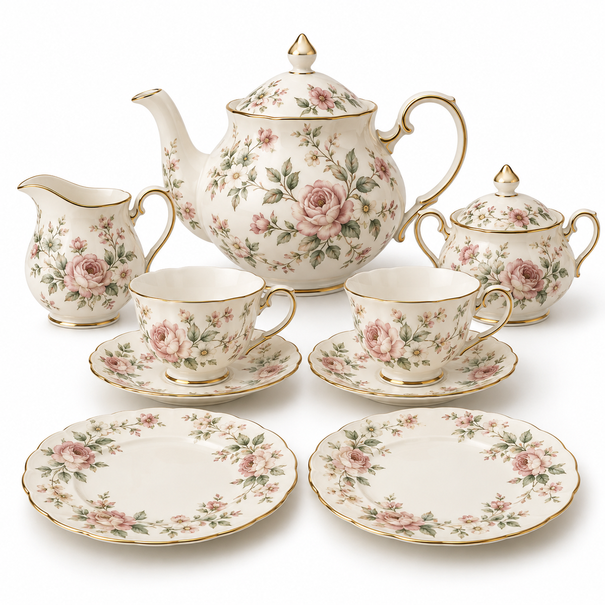 English Garden complete afternoon tea set on a clean white background
