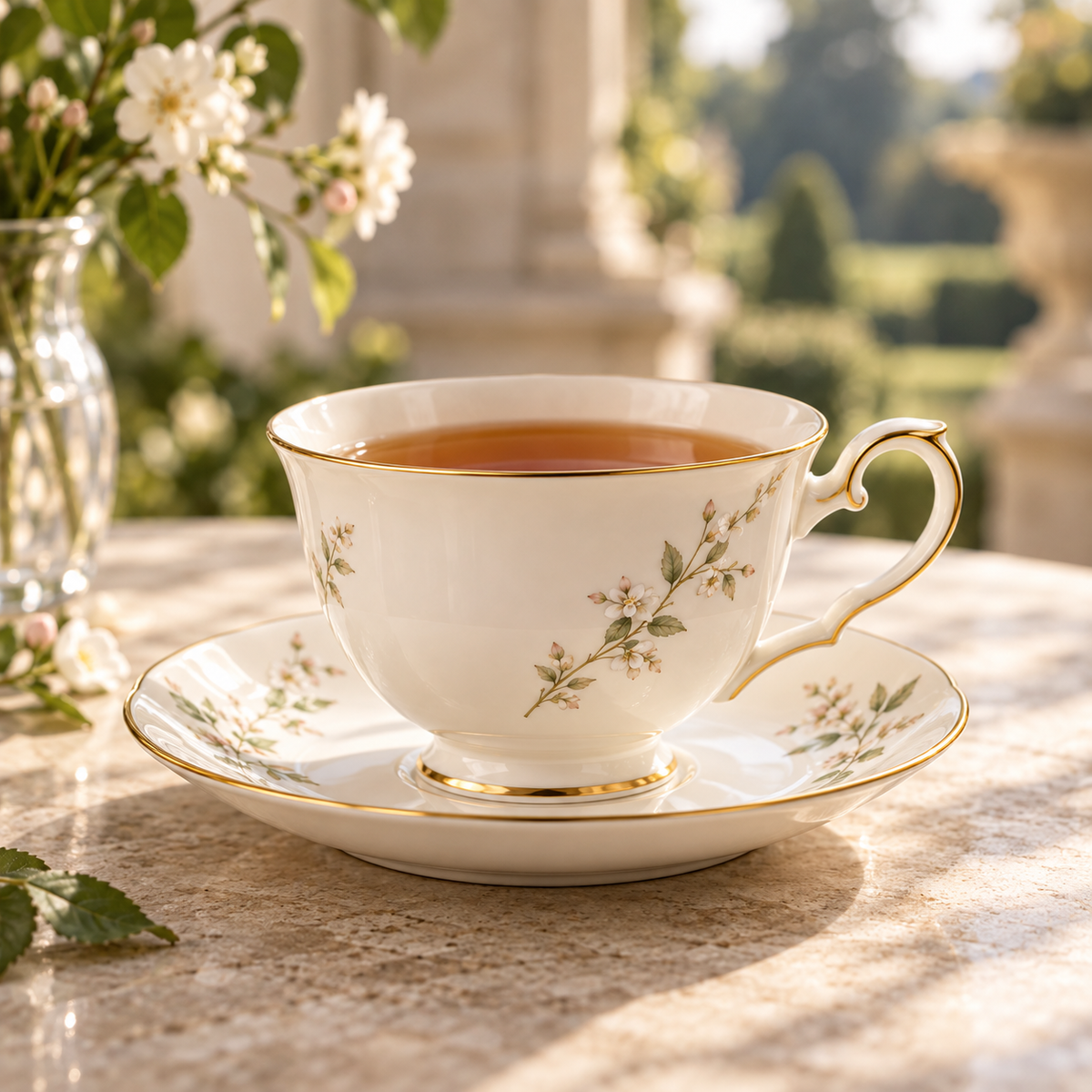 Evelyn Gold Rim teacup and saucer in a softly styled tea setting