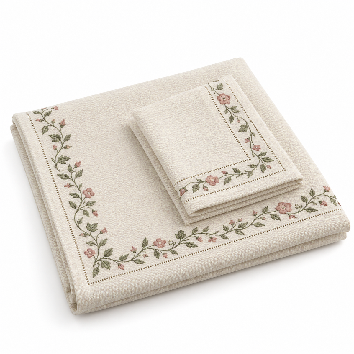 Mayfair embroidered tea table linen set on a clean white background