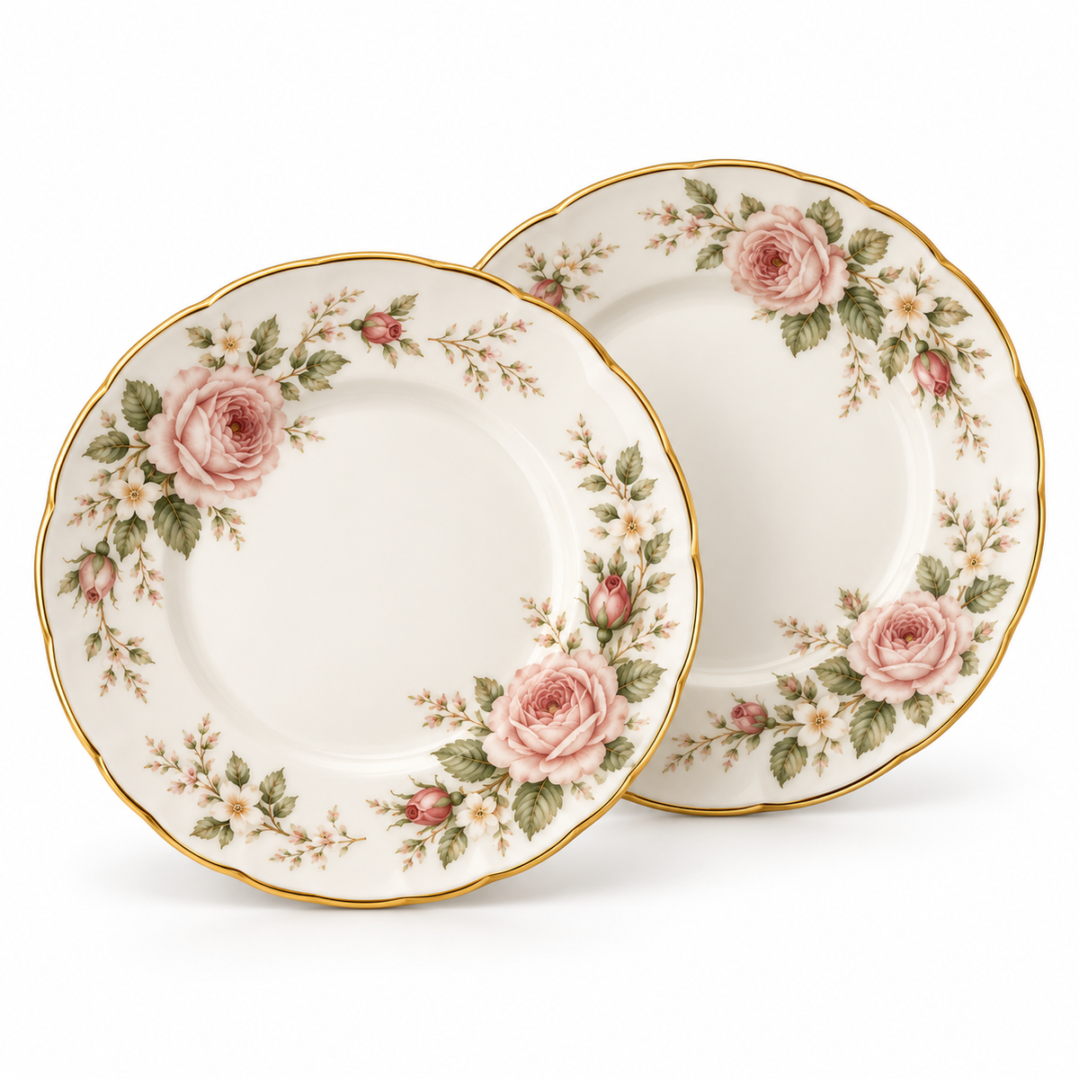 Rosalie pair of floral dessert plates on a clean white background