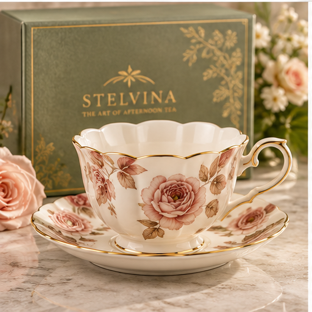 Rosewood Scalloped teacup and saucer in a romantic tea setting
