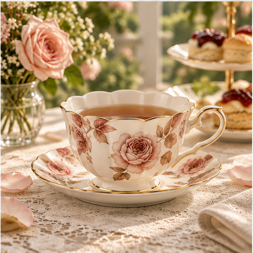 Rosewood scalloped fine bone china teacup and saucer with rose botanical pattern
