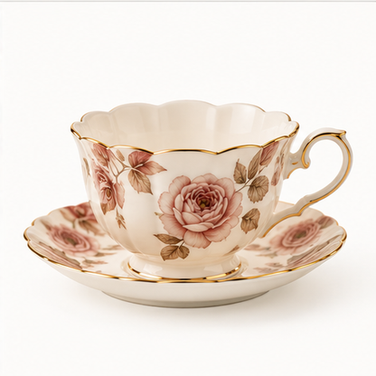 Rosewood Scalloped teacup and saucer on a clean white background