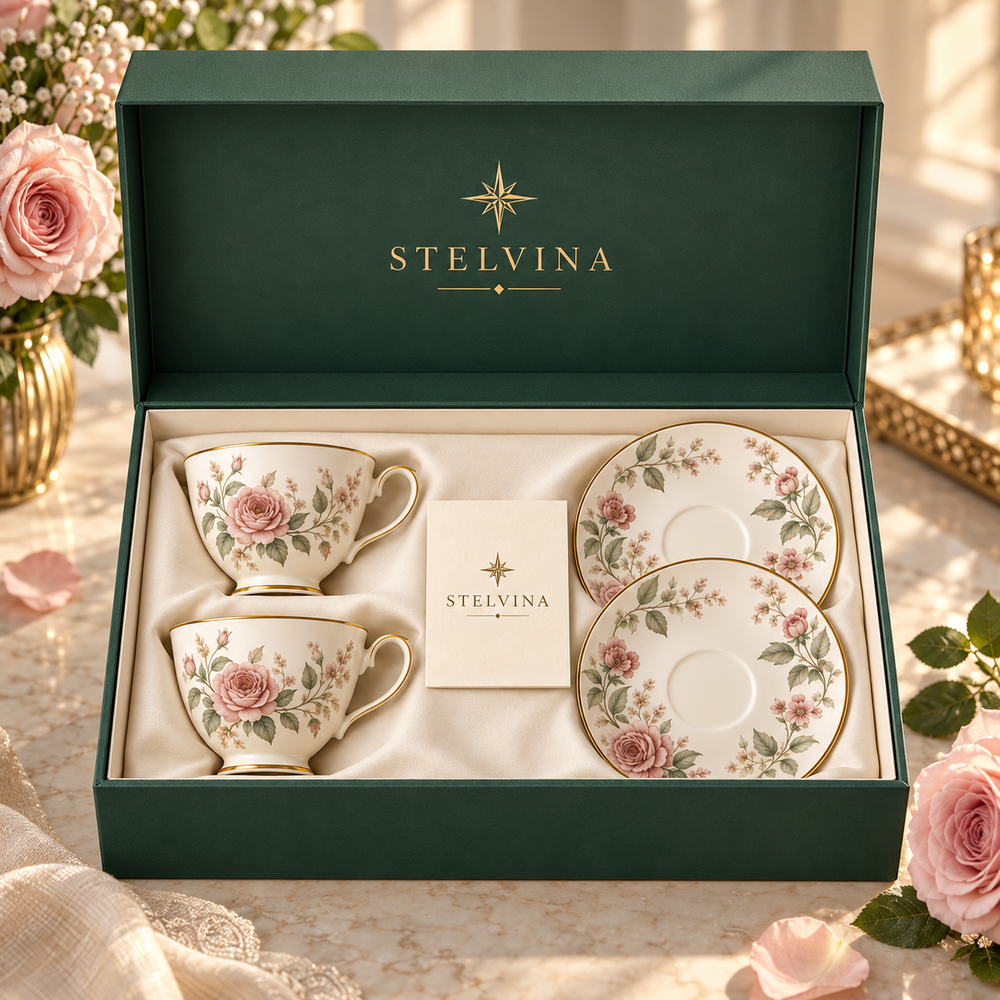STELVINA fine bone china tea gift box styled in a garden setting
