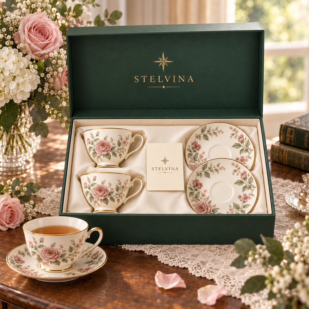 STELVINA signature green gift box with two floral teacups and saucers