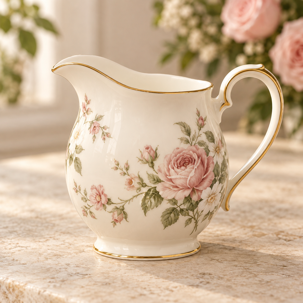 Victoria fine bone china milk jug styled beside soft pink garden flowers