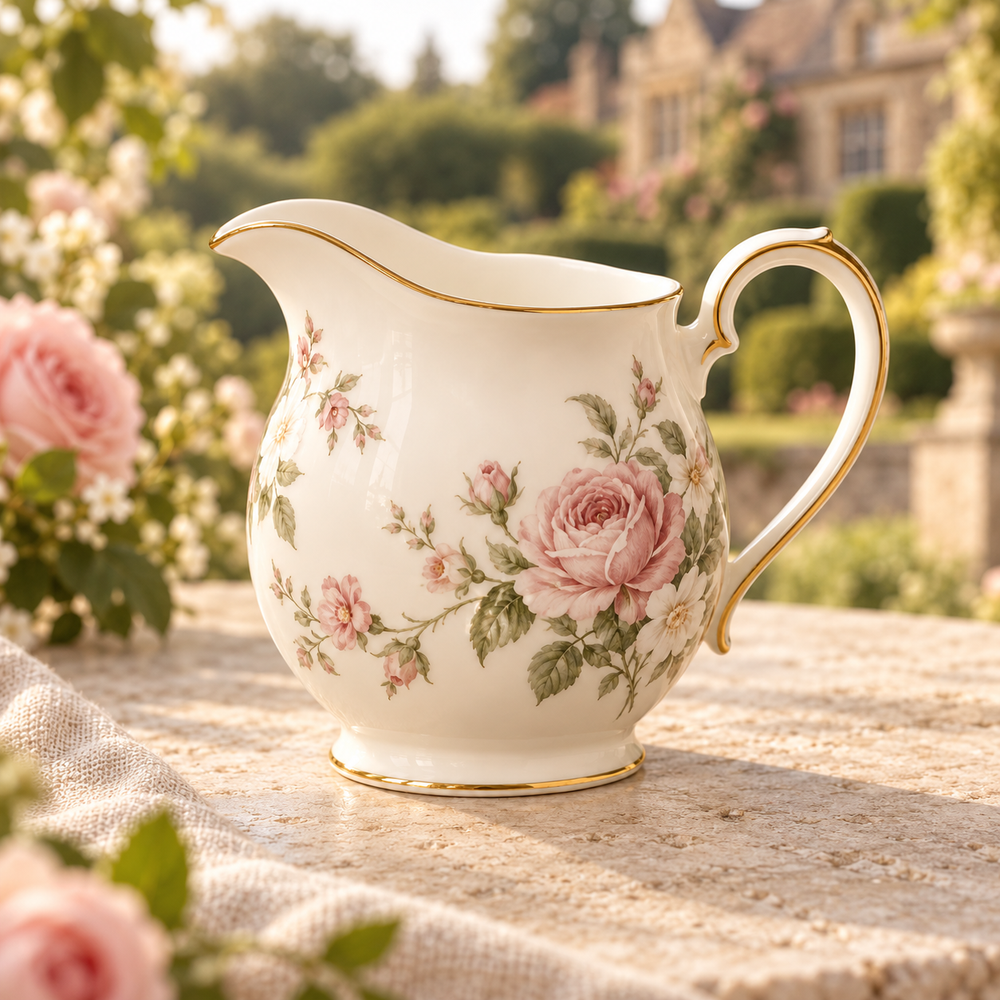 Victoria floral milk jug with gold-tone edging in an English garden setting