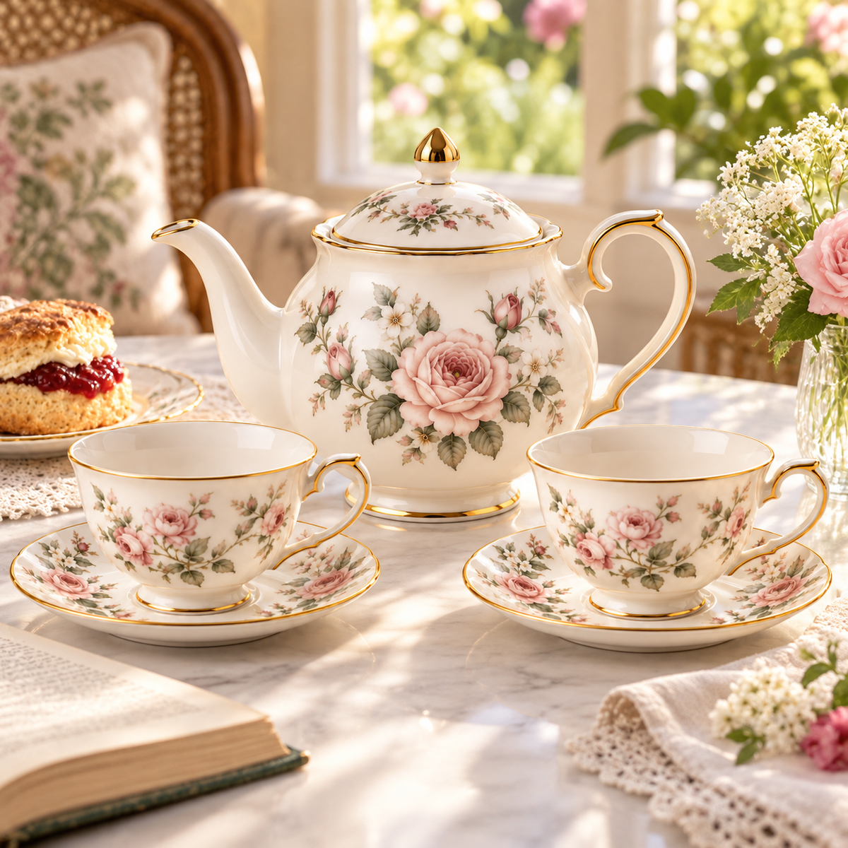 Victoria floral tea-for-two set with teapot, cups, and saucers